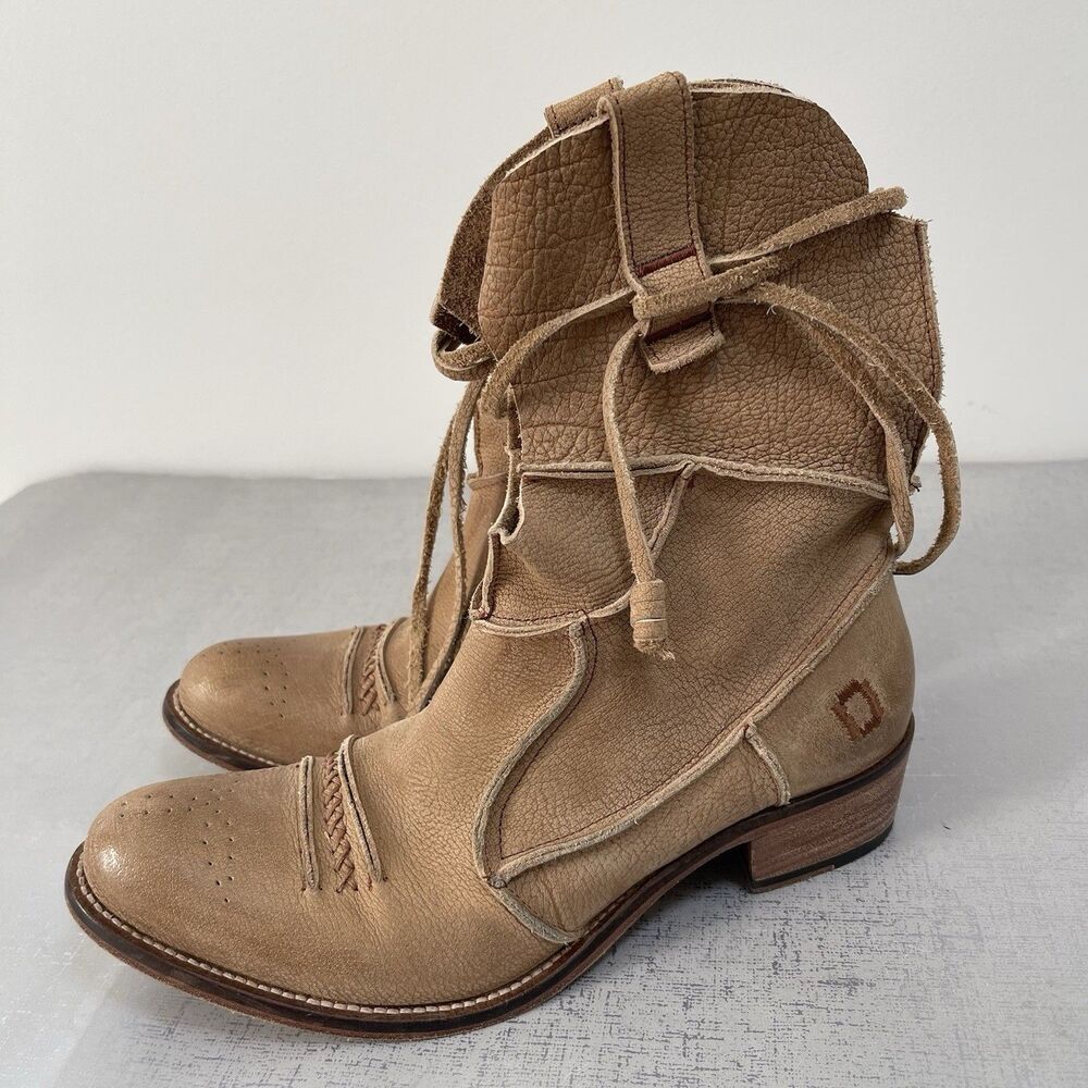 Tan Genuine Leather Whipstitch Western Ankle Boots Boho Festival Women's 7‎ M